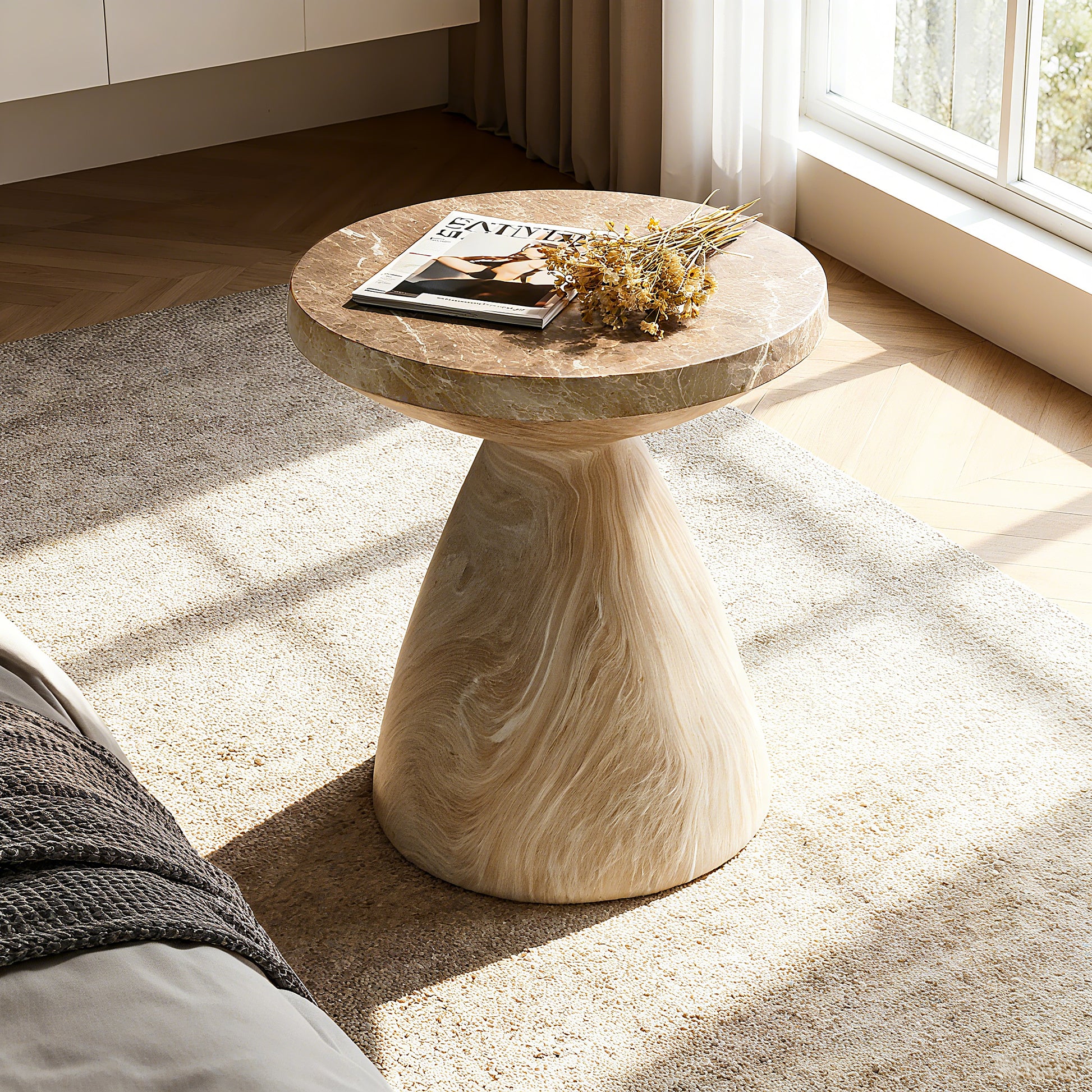 Cement Outdoor End Tables for Patio, GardenAccent Table Faux Terrazzo Accent Table, Modern Small Round Side Tablefor Outside, Tree Stump Garden Stool DrumTable indoor and Outdoor