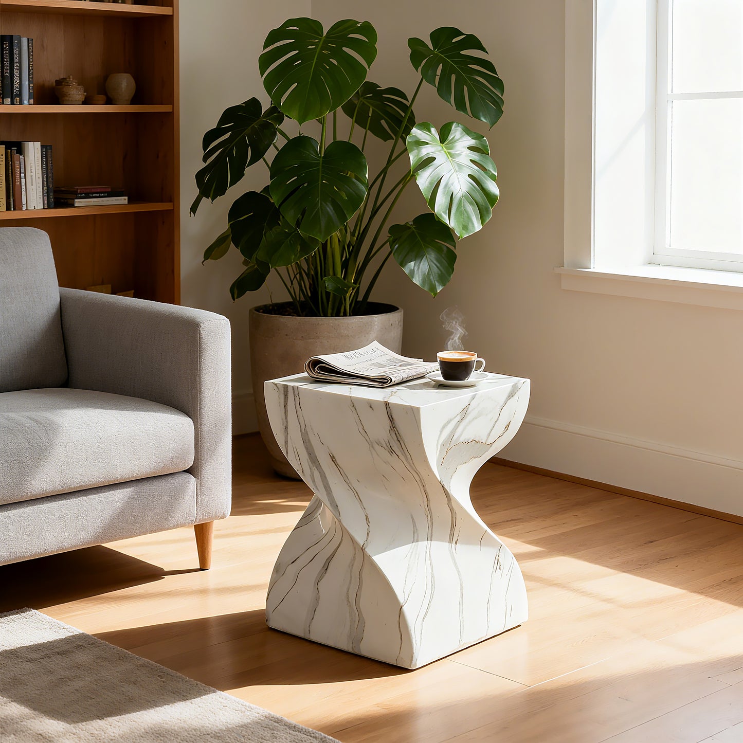 Cement Outdoor End Tables for Patio, GardenAccent Table Faux Terrazzo Accent Table, Modern Small Round Side Tablefor Outside, Tree Stump Garden Stool DrumTable indoor and Outdoor