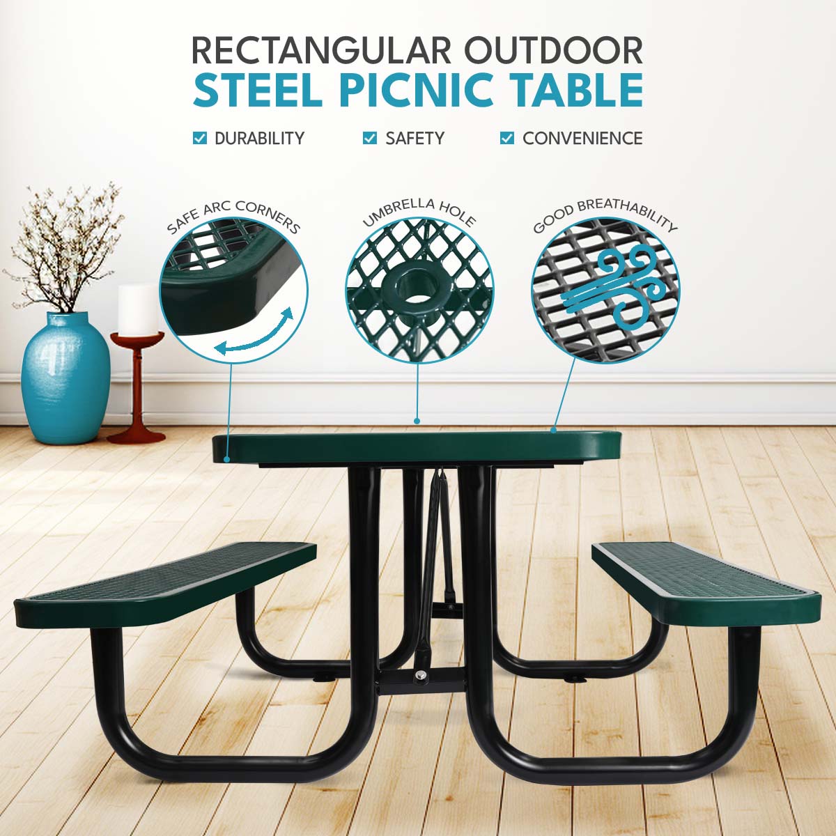 6 ft. Rectangular Outdoor Steel Picnic Table - Green