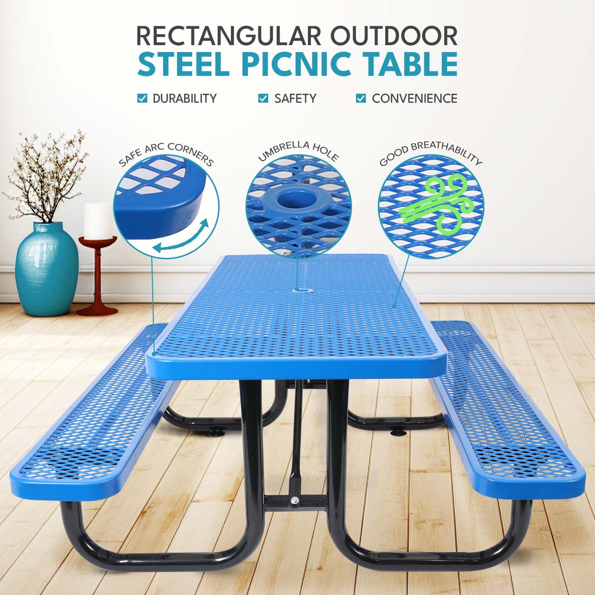 Blue Carbon Steel Outdoor Garden Picnic Table for Patio Use