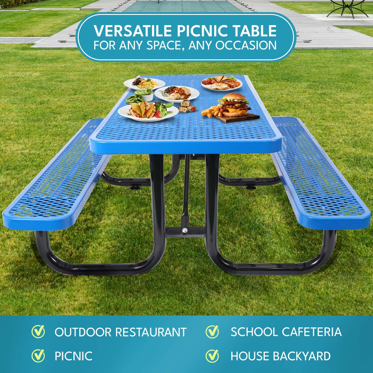 Blue Carbon Steel Outdoor Garden Picnic Table for Patio Use