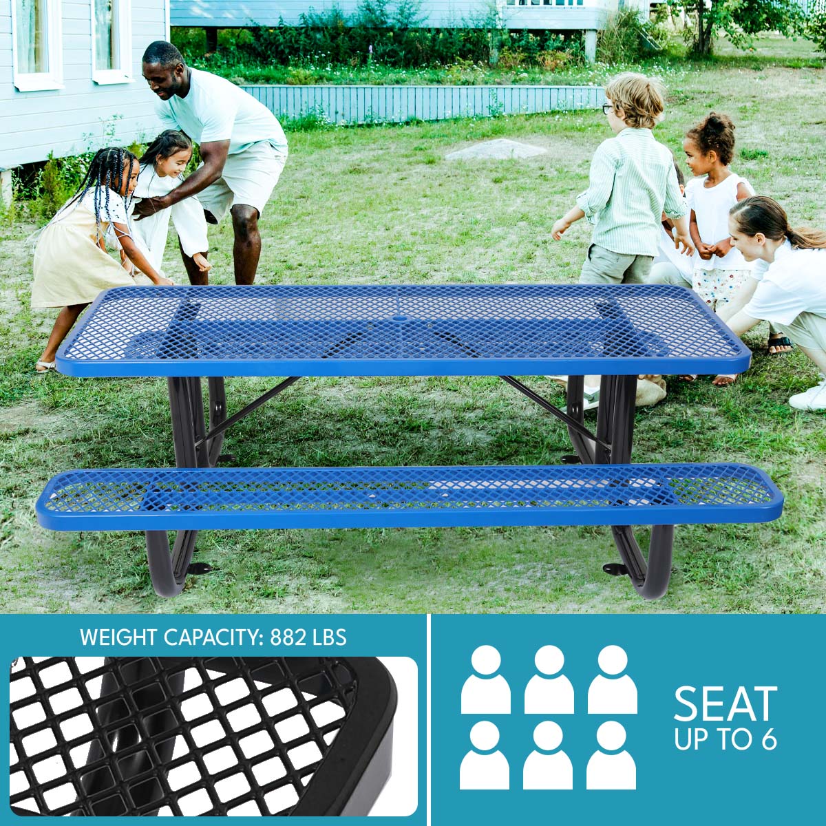 Blue Carbon Steel Outdoor Garden Picnic Table for Patio Use