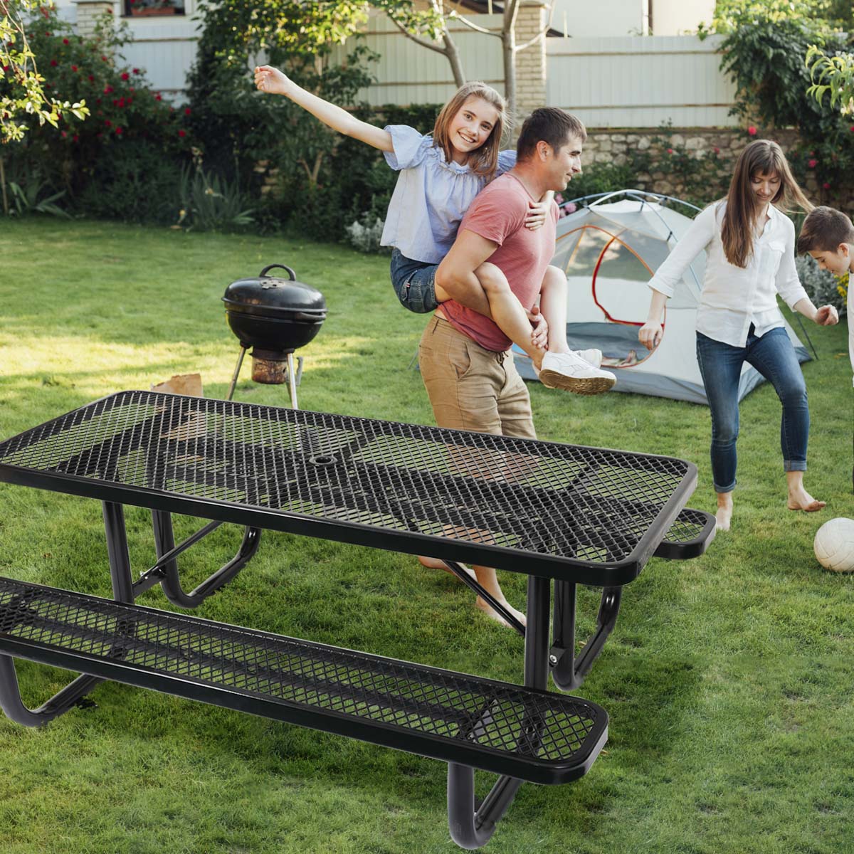 Durable Black Carbon Steel Garden Picnic Table for Outdoor Dining