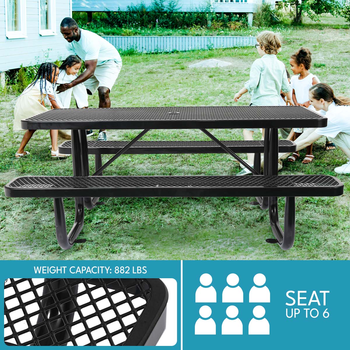 Durable Black Carbon Steel Garden Picnic Table for Outdoor Dining