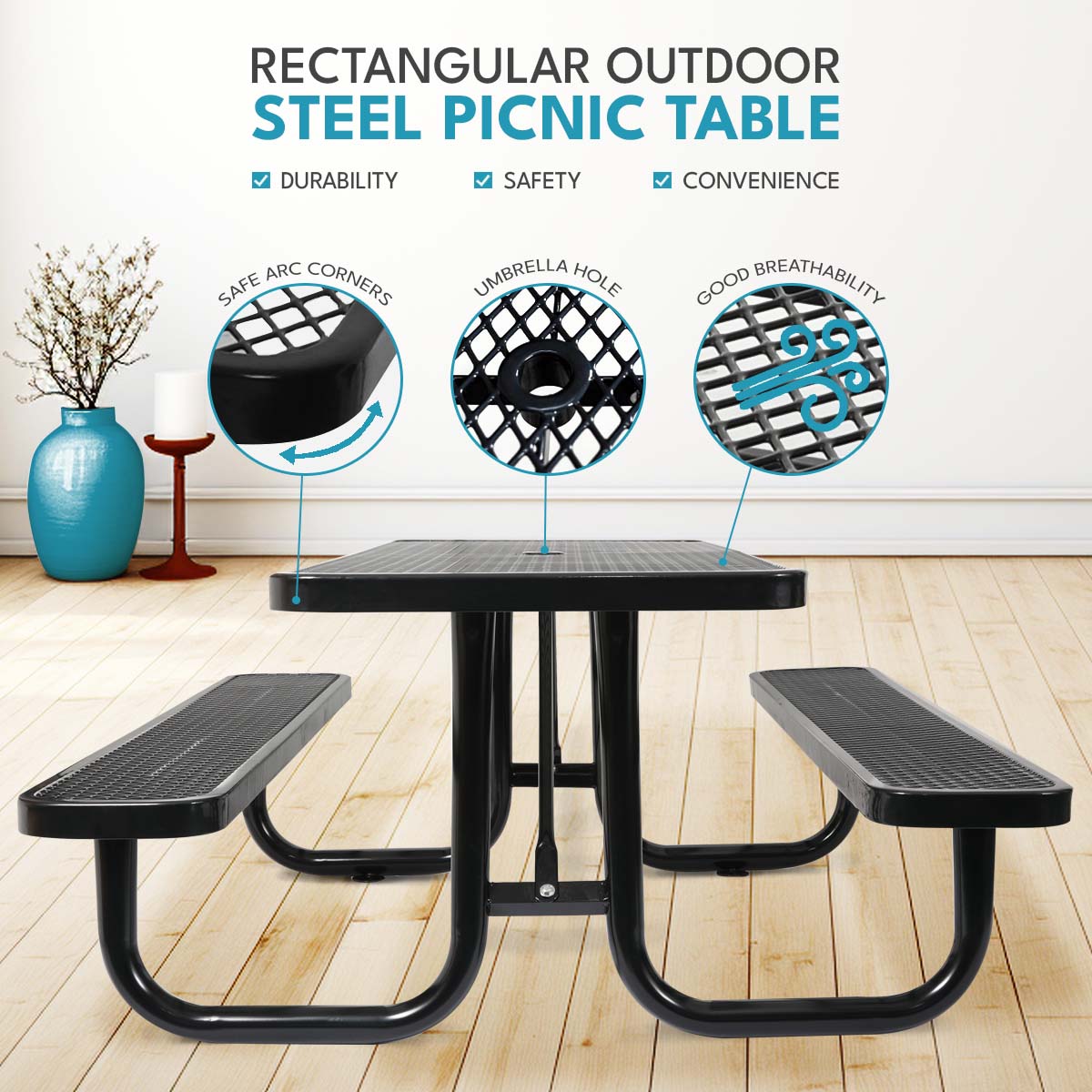 Durable Black Carbon Steel Garden Picnic Table for Outdoor Dining