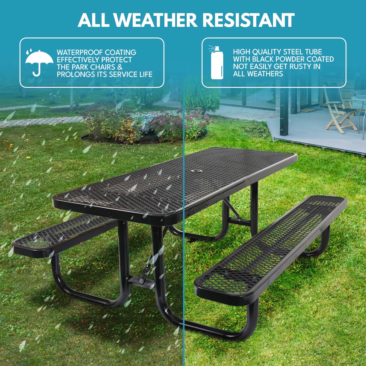 Durable Black Carbon Steel Garden Picnic Table for Outdoor Dining