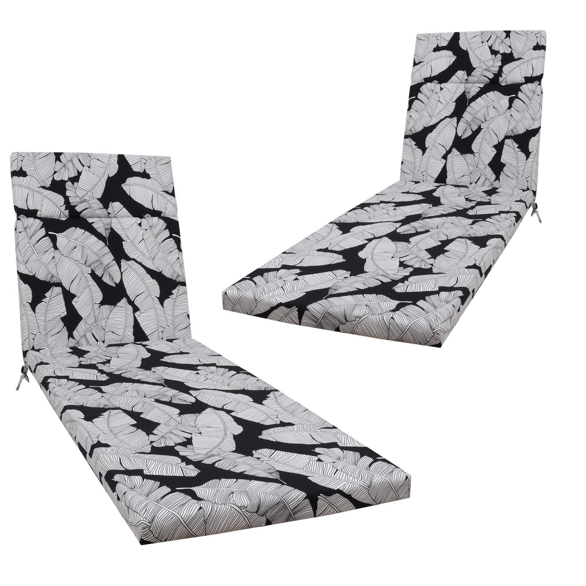 2 Pcs Set Indoor/Outdoor Chaise Lounge Chair Cushion Outdoor Furniture Cushion with Ties, Patio Seat Cushion for Lawn,Pool & Beach,75" x 22.8" x 2" (Black/Leaf)