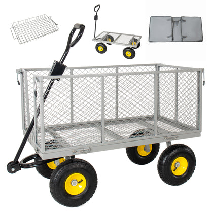 3-in-1 Oversized Steel Garden Cart , 880lbs Pullable Mesh Metal Garden Cart, All-Terrain Utility Cart with Removable Liner & Side Panels & Mesh Tray for Outdoor Lawn, Patio and Landscaping, Gray