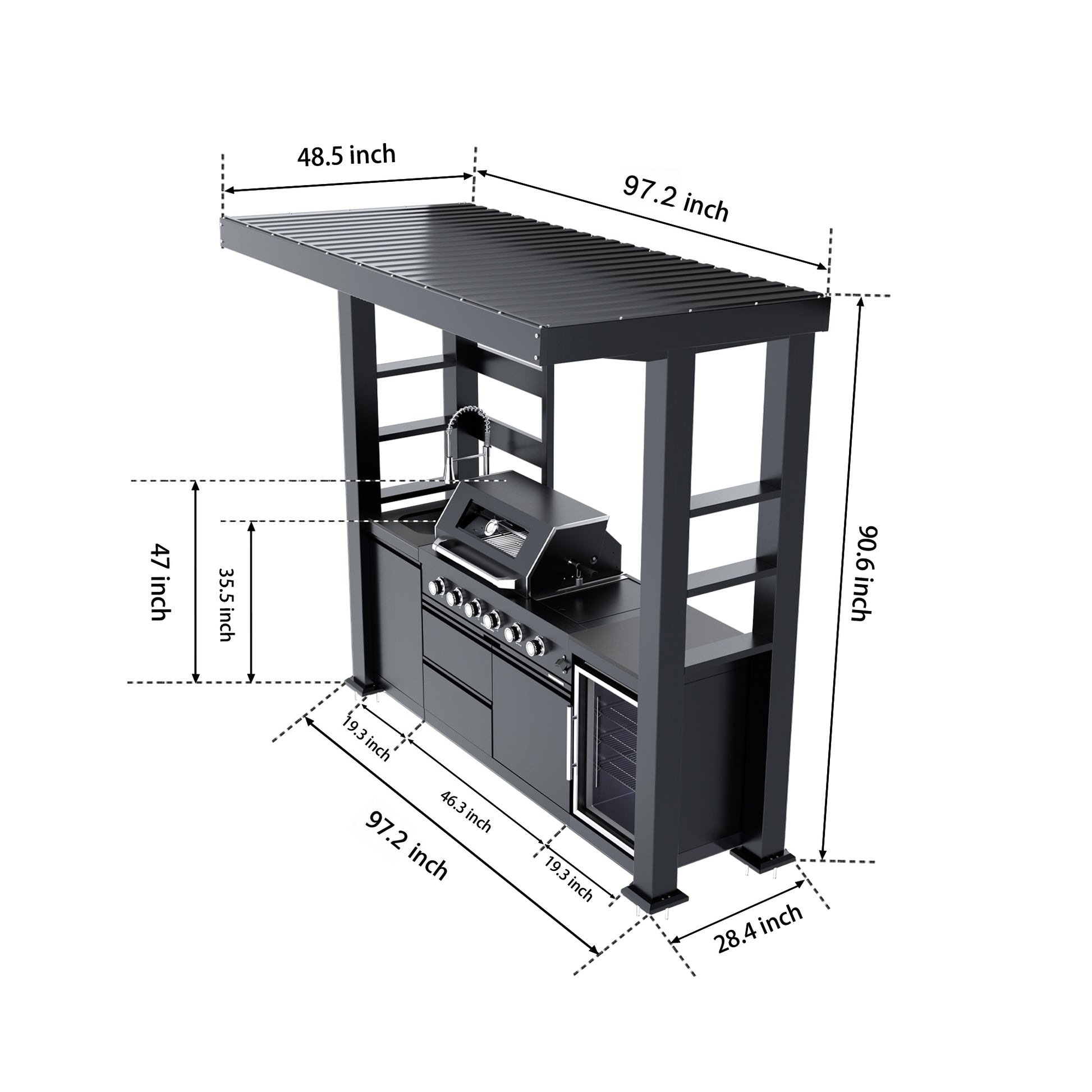97-Inch Stainless Steel Outdoor Kitchen Island Grill and Refrigerator