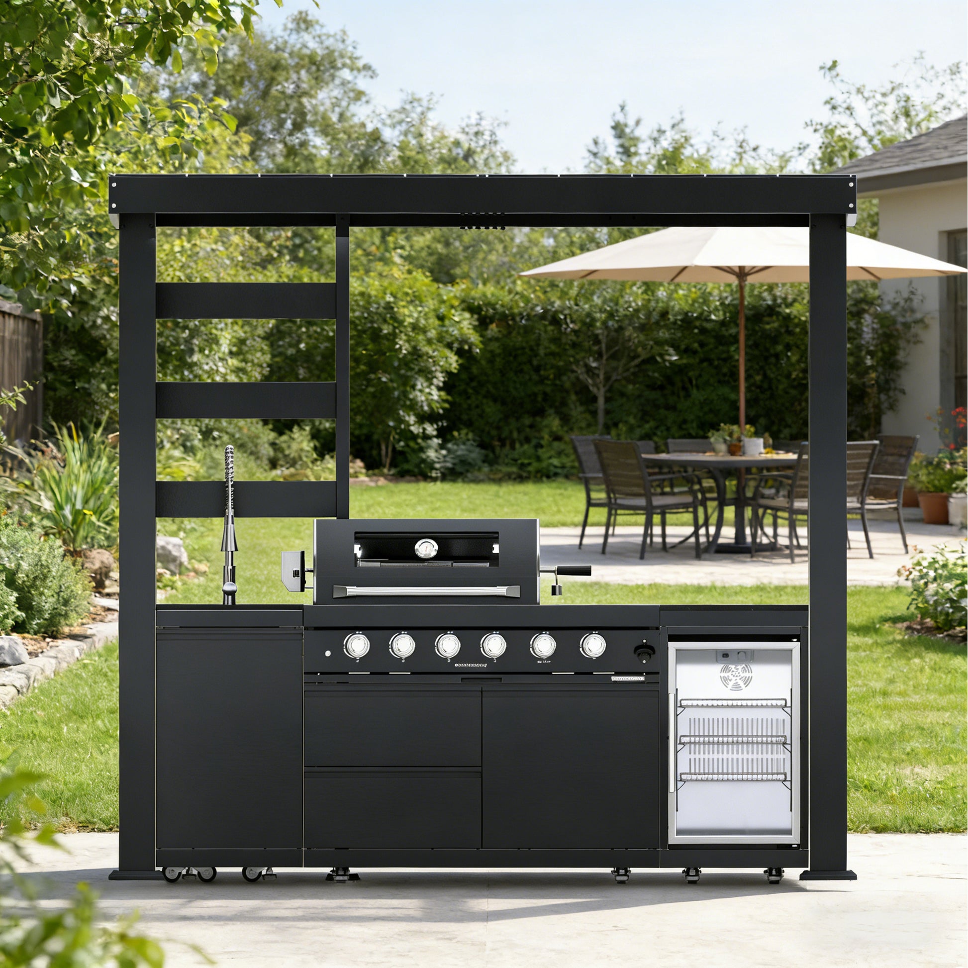 97-Inch 4-Burner 72000 BTU Deluxe Stainless Steel Gas Outdoor Kitchen Bar Barbecue Island Grill  + Wine Cooler Compact Refrigerator + Rotisserie + Granite Countertops + Storage Cabinets & Drawers