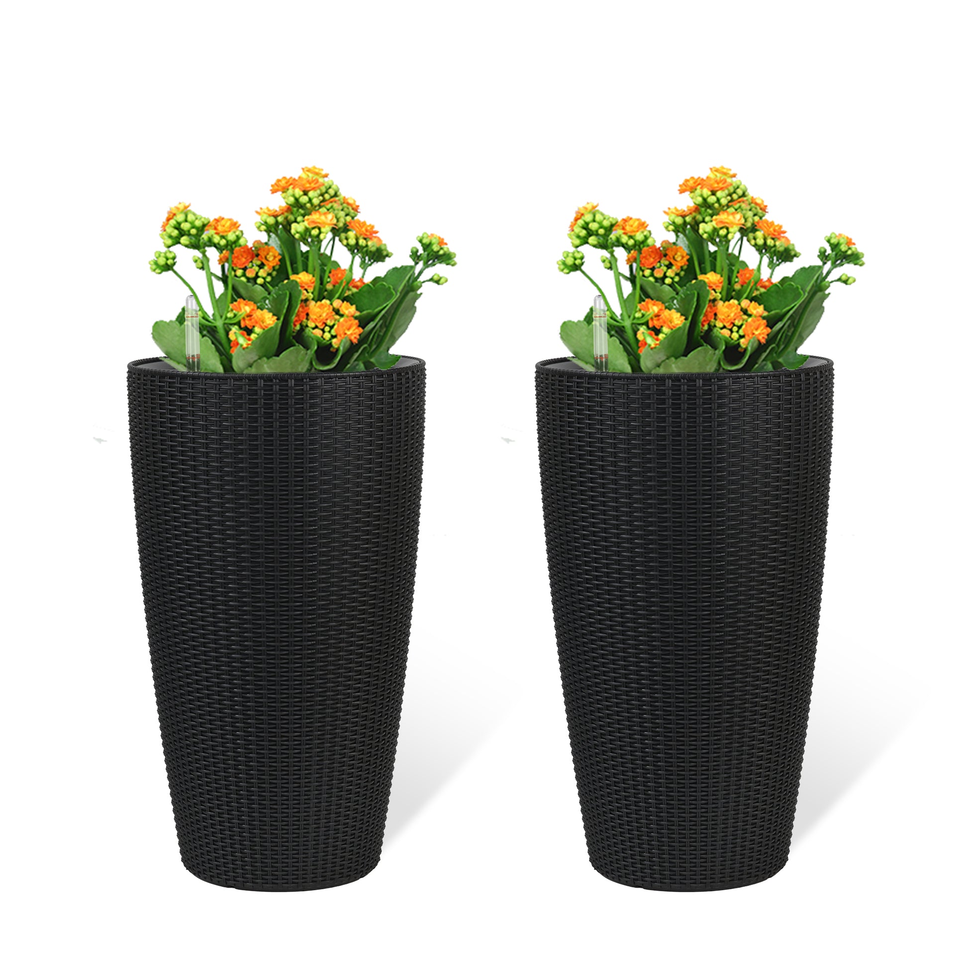 Set of 2 Faux Rattan Tall Planters Outdoor Indoor Large Planters with Water Level Monitor Inner Bucket, Automatic Watering, Flower Plant Pots for Garden, Patio, Porch, Backyard (Black, 22 inch )