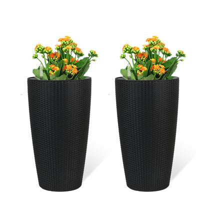 Set of 2 Faux Rattan Tall Planters Outdoor Indoor Large Planters with Water Level Monitor Inner Bucket, Automatic Watering, Flower Plant Pots for Garden, Patio, Porch, Backyard (Black, 22 inch )