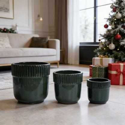 Handmade Ceramic Planter Set of 3, 15/14/9 Inch Diameter, Black Ribbed Pattern, for Succulents Indoor/Outdoor Use on Windowsill & Bookshelf, Breathable Clay