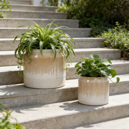 Handmade Non-Porous Ceramic Planter Set of 2, 6" & 8" Diameter, Beige Drip Glaze, for Aquatic Plants Indoor/Outdoor Shelf & Desk Use, Breathable Clay