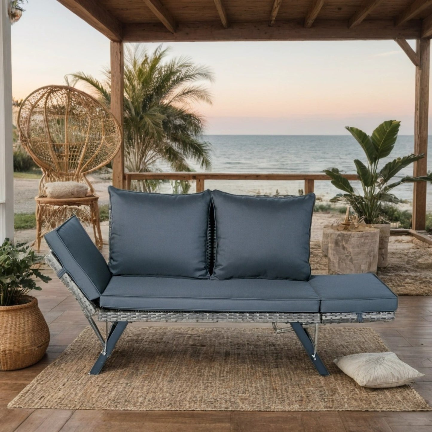 2 Person Dark Grey Wicker Patio Bench with Cushions