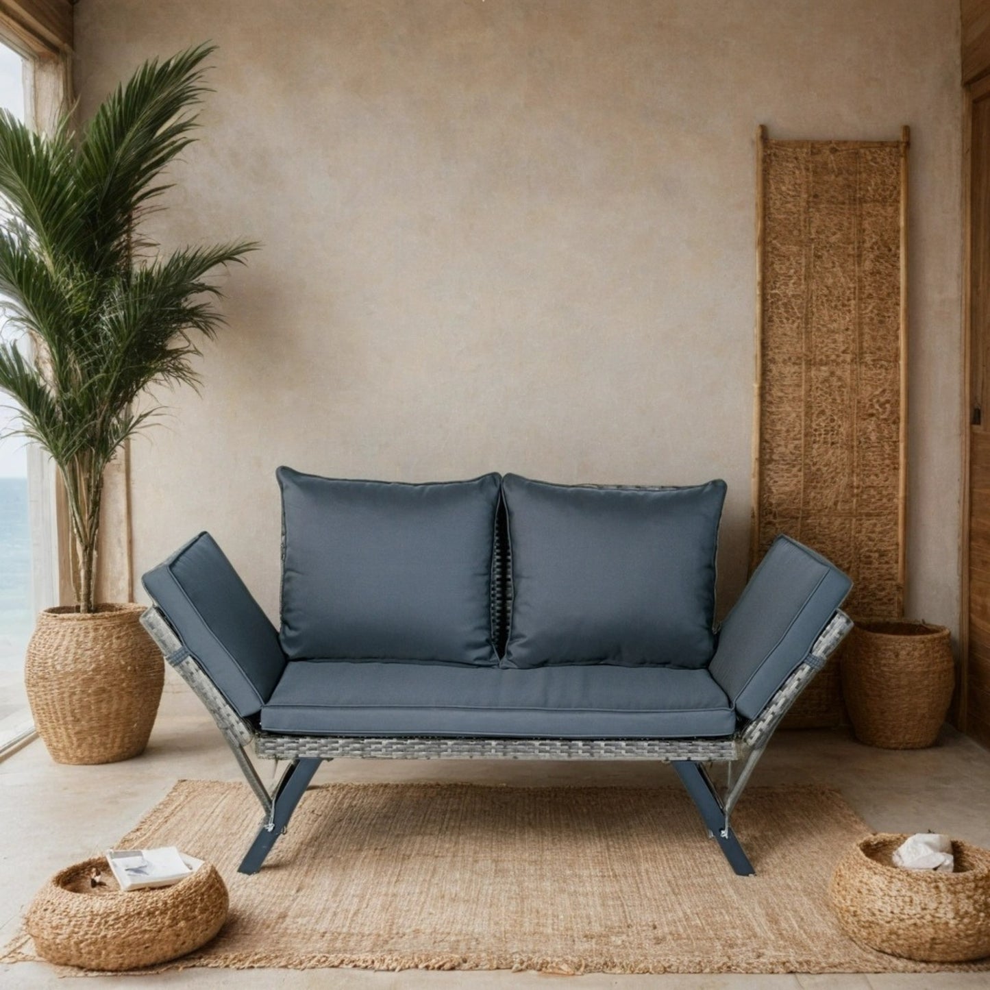 2 Person Dark Grey Wicker Patio Bench with Cushions