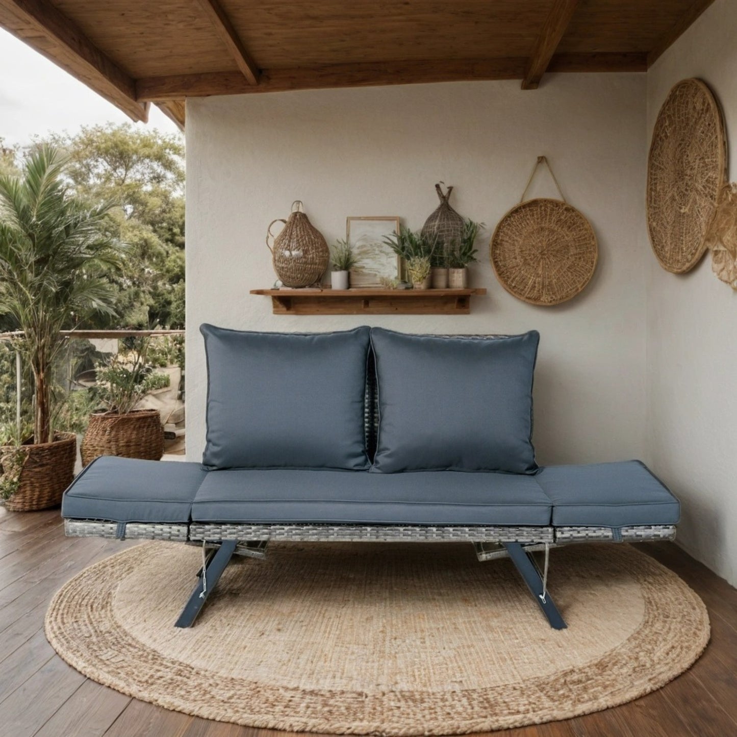 2 Person Dark Grey Wicker Patio Bench with Cushions