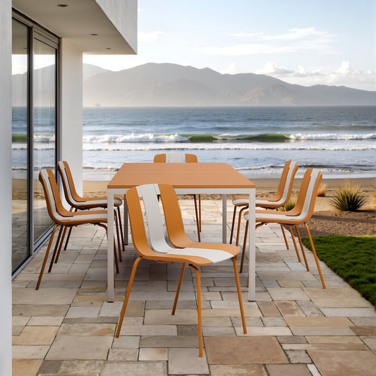 Holiday - 4-Pack Modern Striped Color Block Chairs – Indoor/Outdoor PP Plastic Seat & Sturdy Metal Legs, Vibrant White, Orange, Beige – for Living Room, Balcony, Café, Terrace