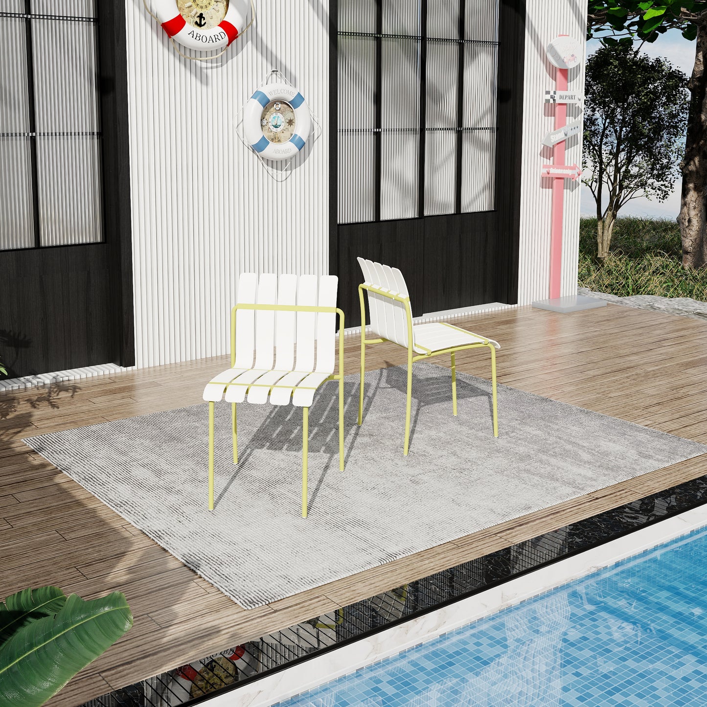 Cream Yellow Metal Patio Chairs for Poolside or Garden Seating