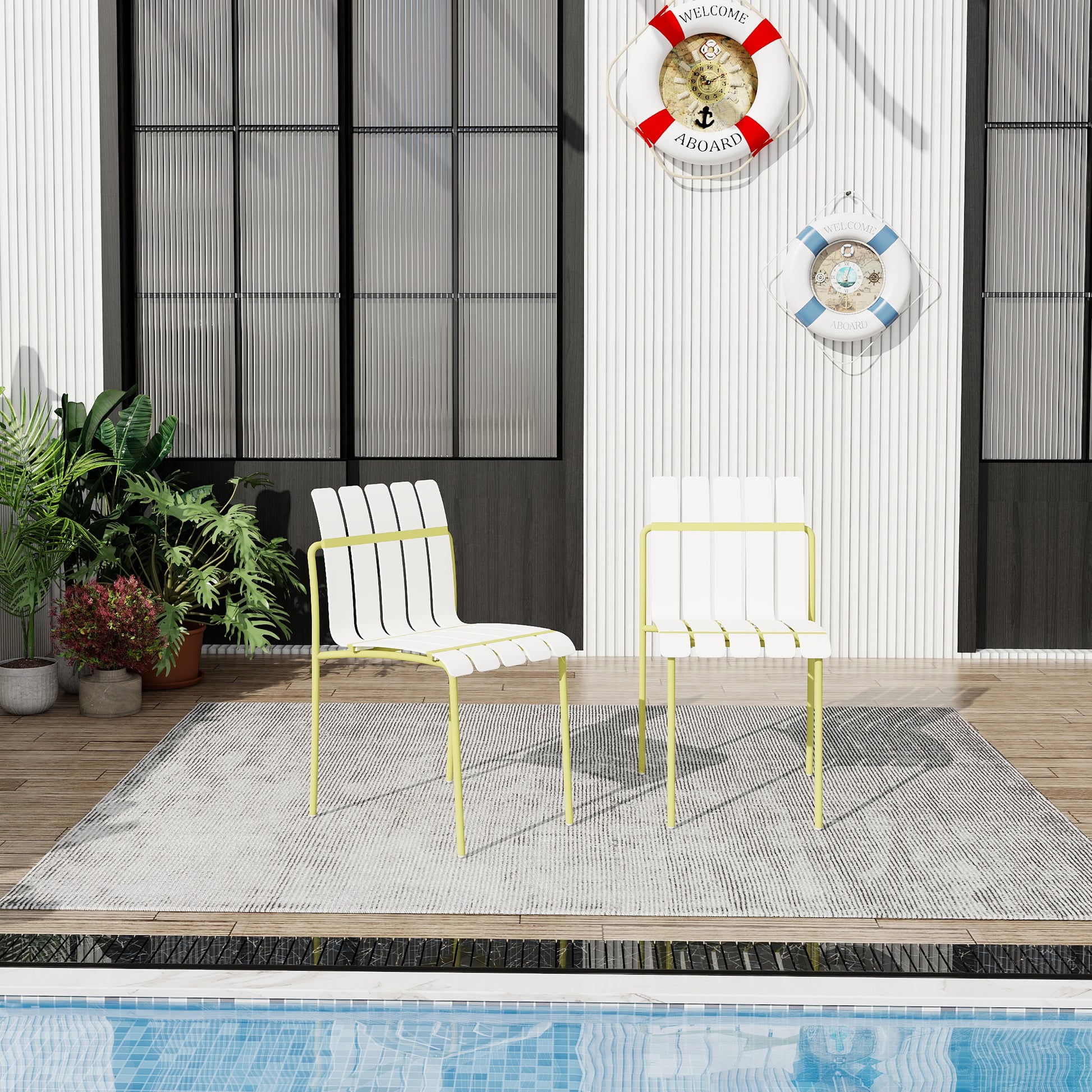 Cream Yellow Metal Patio Chairs for Poolside or Garden Seating