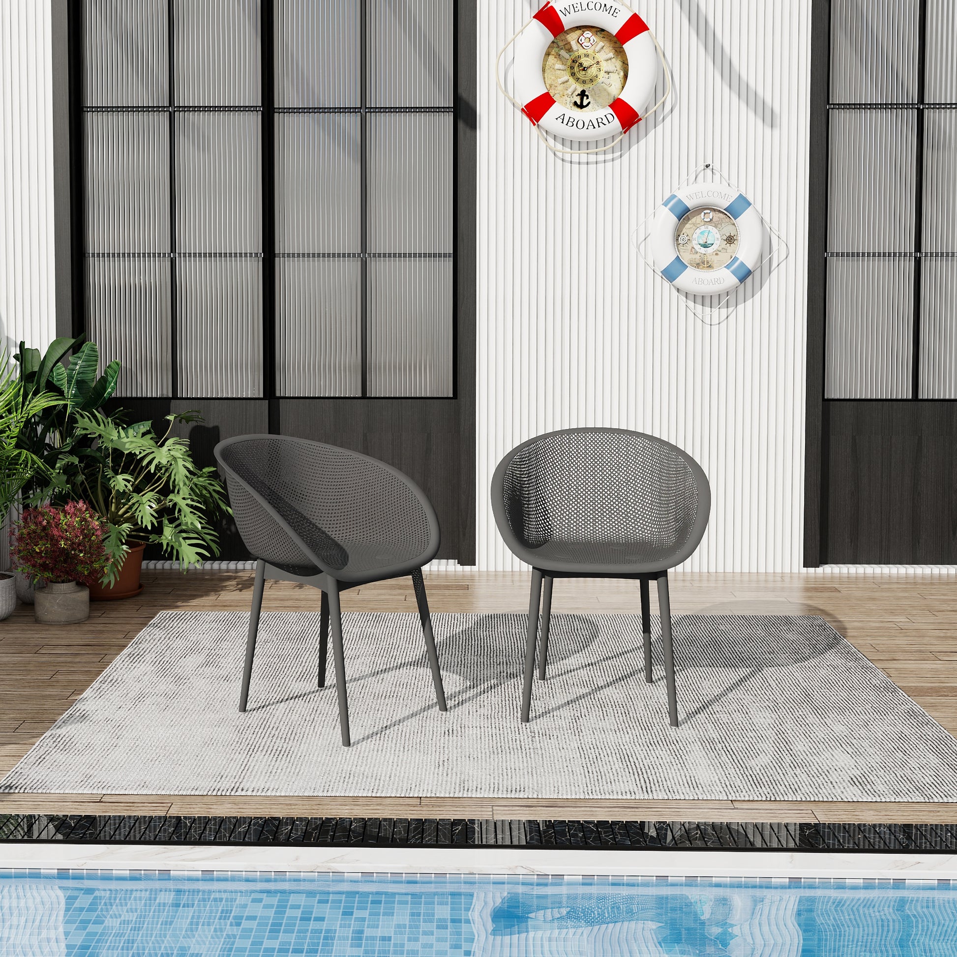 Warm Grey Polypropylene Patio Chairs - 2 Pack Lightweight Lounge Seating