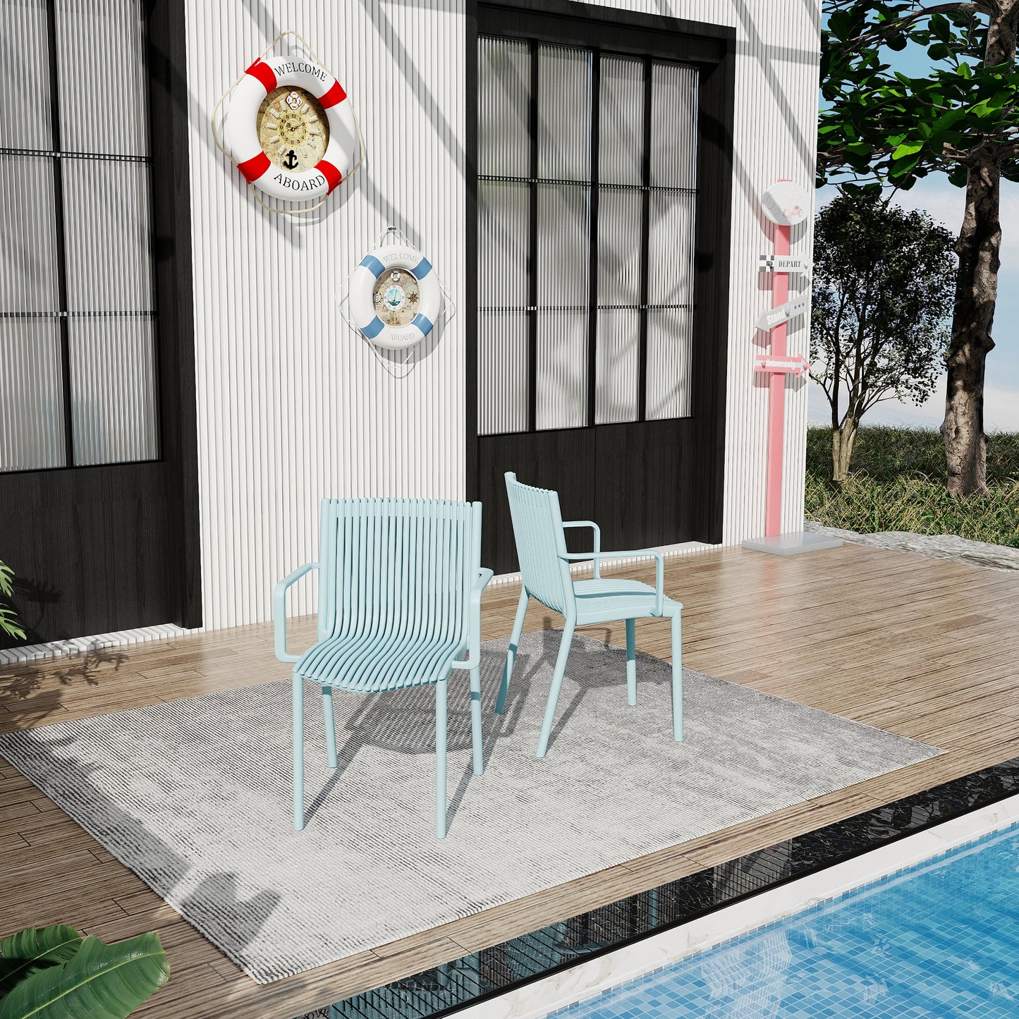 Light Blue Stackable Patio Chairs - 4 Modern Armchairs for Outdoor Spaces