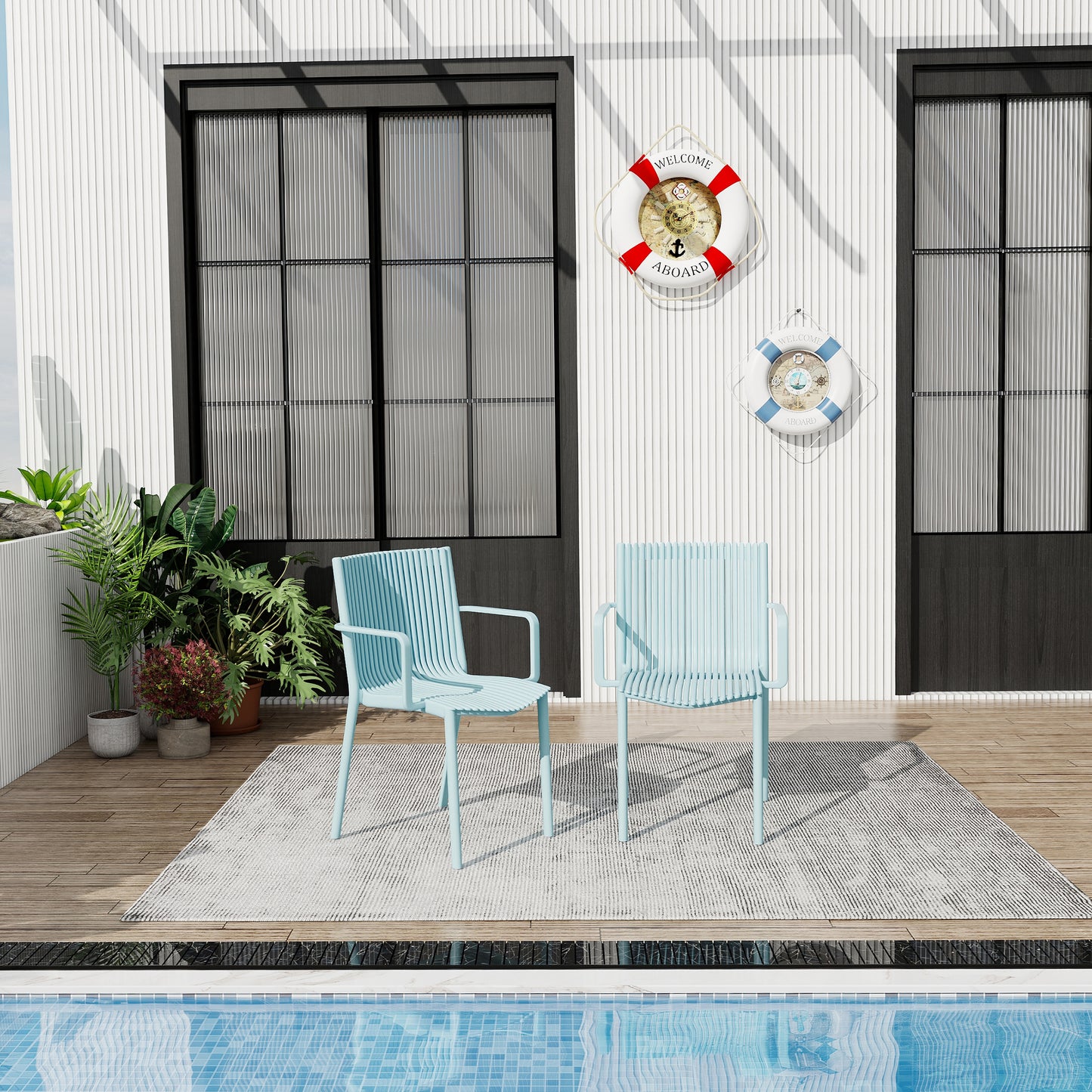 Light Blue Stackable Patio Chairs - 4 Modern Armchairs for Outdoor Spaces