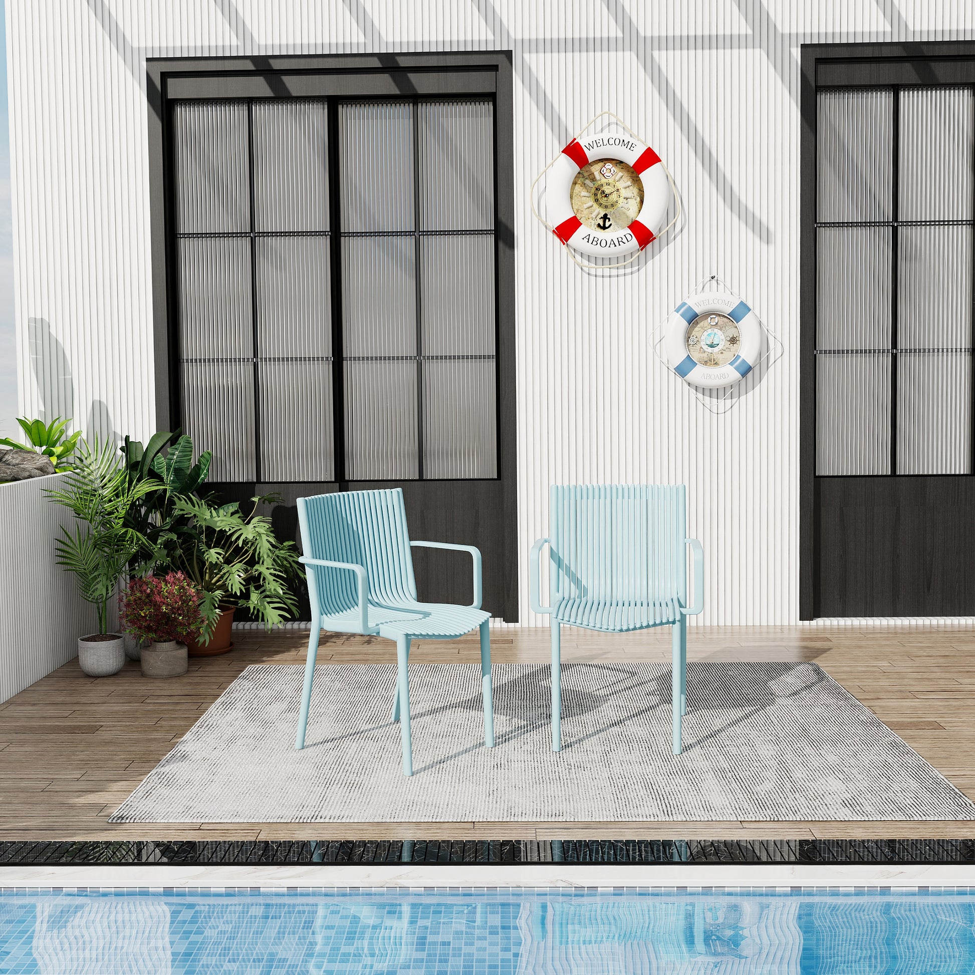 Light Blue Stackable Patio Chairs - 4 Modern Armchairs for Outdoor Spaces
