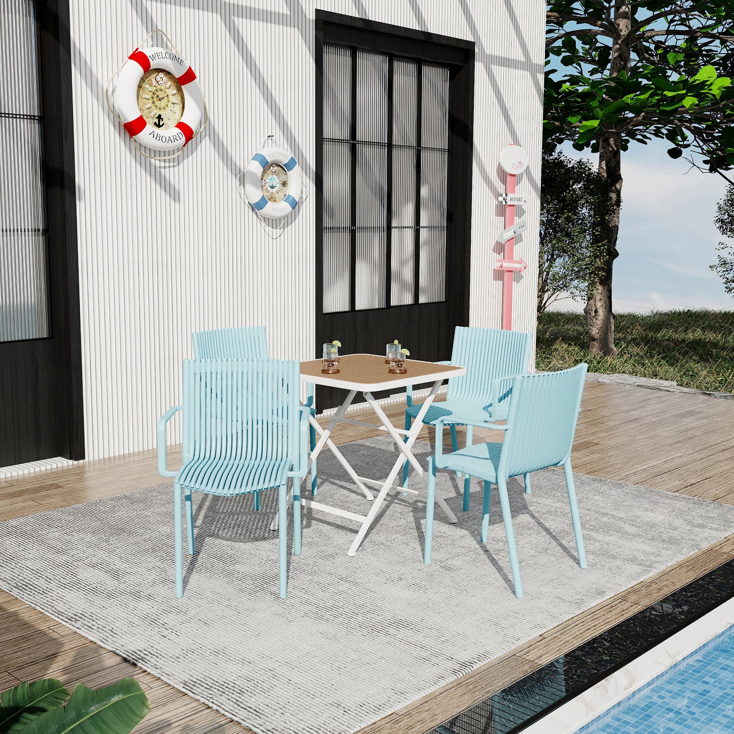 Light Blue Stackable Patio Chairs - 4 Modern Armchairs for Outdoor Spaces