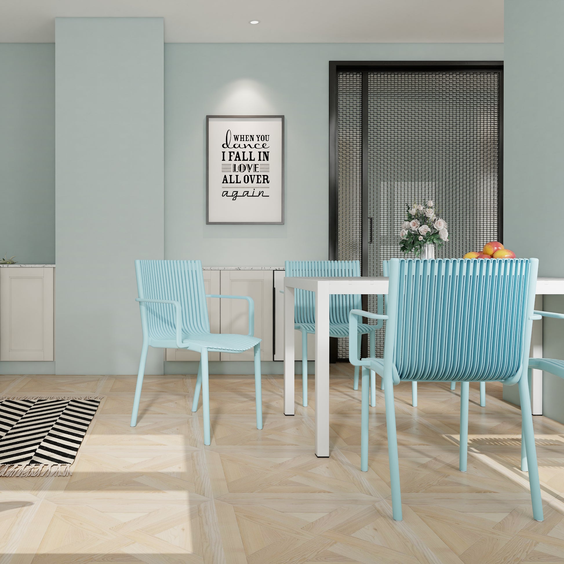 Light Blue Stackable Patio Chairs - 4 Modern Armchairs for Outdoor Spaces