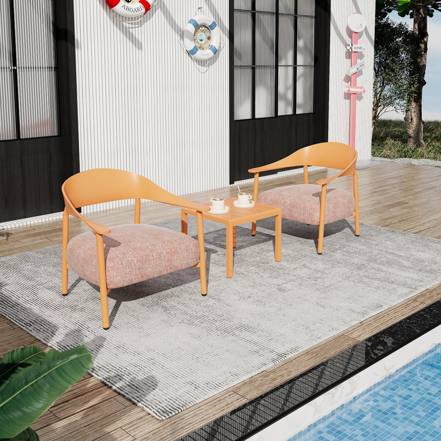 Summer - Modern 2-Piece Accent Chair Set with Coffee Table – Apricot Brown PP & Steel Frame Sofa Set, Soft Cushioned Seating for Living Room, Lounge, Balcony (2 Chairs + 1 Table)