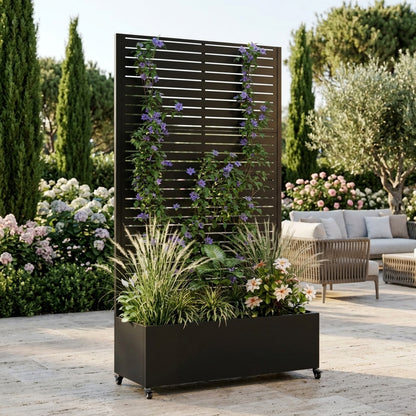 Metal Planter Box with Trellis, 73"x35"x16 Metal Raised Garden Bed with Trellis, Metal Planter Box with Drainage Holes & Lockable Wheels & Privacy Screen for Climbing Plants, Vegetables, Vines