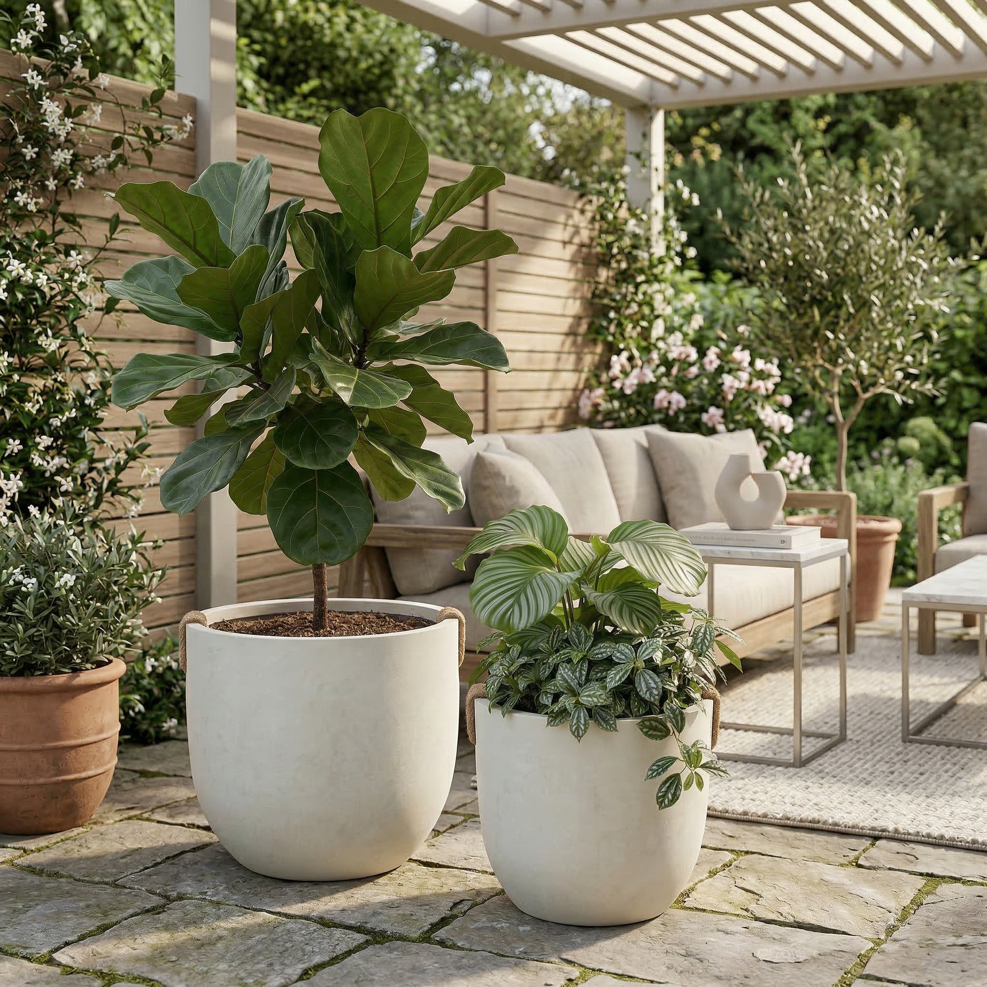 Off White Magnesium Oxide Planters - Large Garden Pots for Patio & Deck