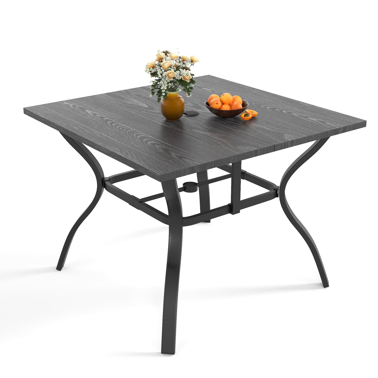 "Vintage Wood Grain Metal Patio Table 37.8"" Square with Umbrella Hole, Sturdy Steel Frame Rust-Resistant Easy Clean, for Backyard Garden Deck Porch Dining Office