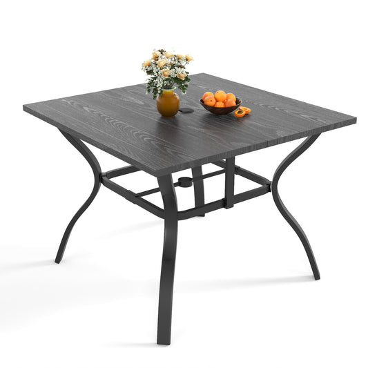 "Vintage Wood Grain Metal Patio Table 37.8"" Square with Umbrella Hole, Sturdy Steel Frame Rust-Resistant Easy Clean, for Backyard Garden Deck Porch Dining Office