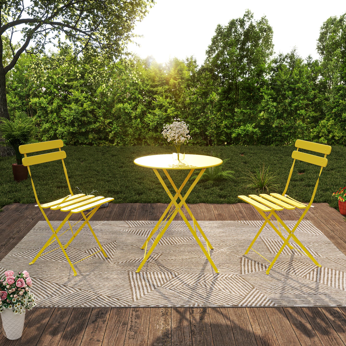 Outdoor Antique Yellow Bistro Table & Chairs Set - 2 Person Folding Patio Furniture