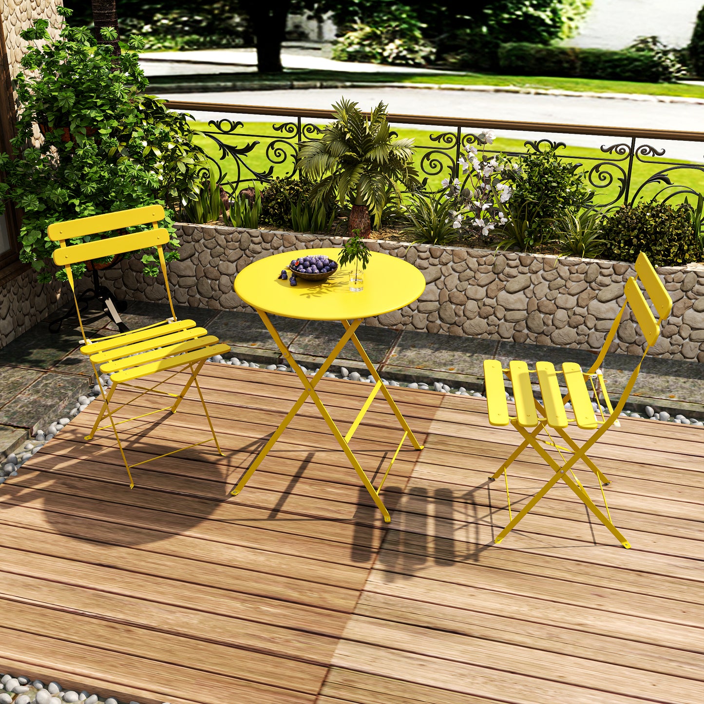 Outdoor Antique Yellow Bistro Table & Chairs Set - 2 Person Folding Patio Furniture