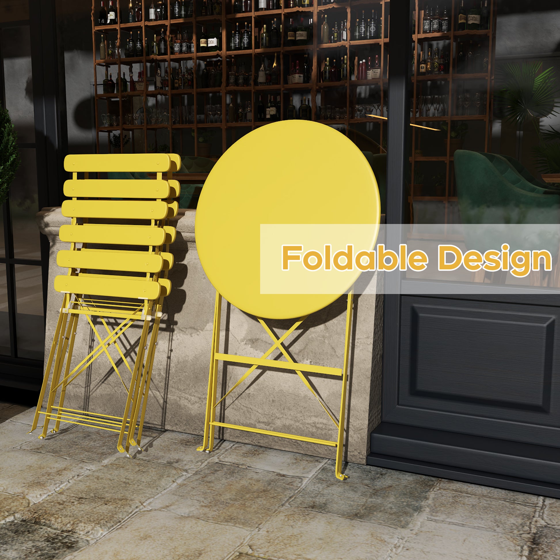 Outdoor Antique Yellow Bistro Table & Chairs Set - 2 Person Folding Patio Furniture