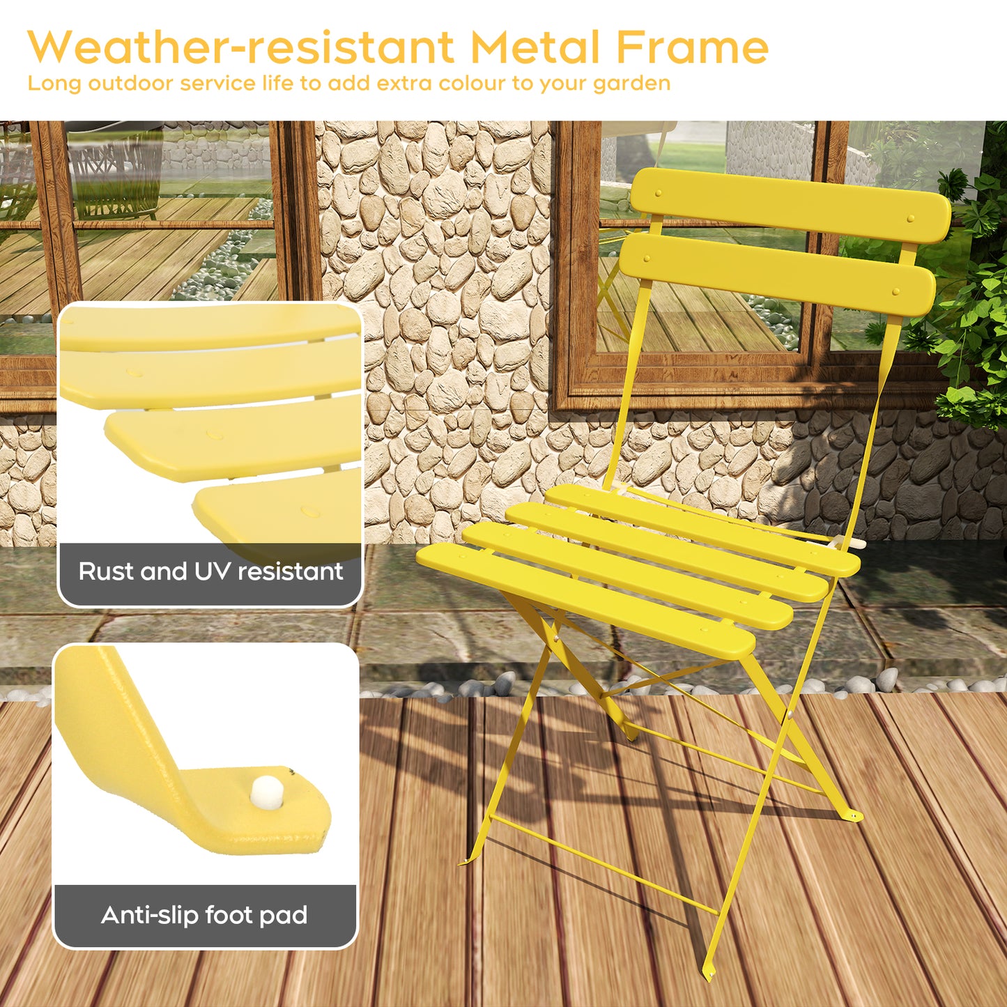 Outdoor Antique Yellow Bistro Table & Chairs Set - 2 Person Folding Patio Furniture