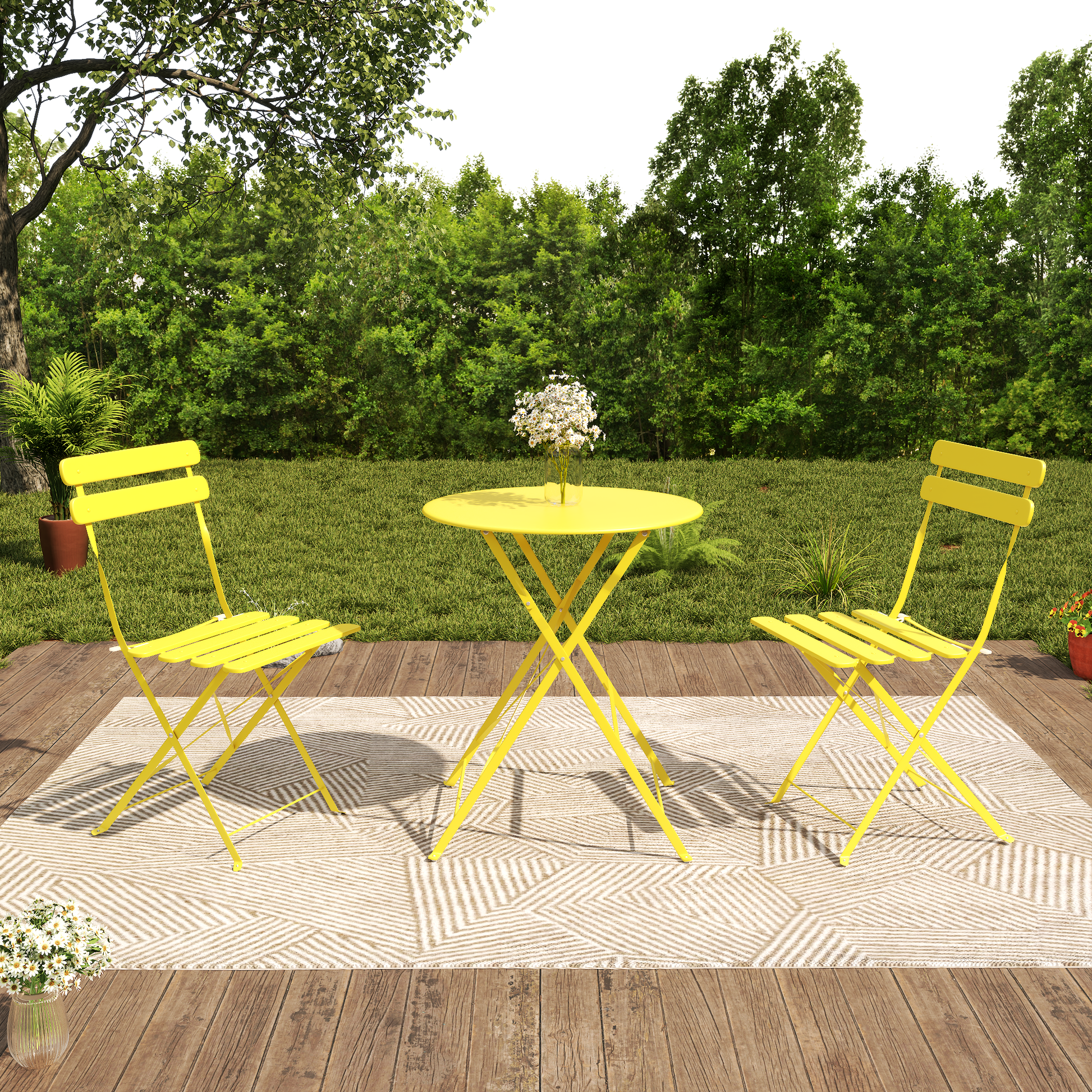 Outdoor Antique Yellow Bistro Table & Chairs Set - 2 Person Folding Patio Furniture