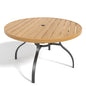 "Round Faux Wood Slat Patio Table 47" with Umbrella Hole, Realistic Wood Grain Top + Matte Black High-Quality Iron Legs, Rust-Resistant Outdoor Dining Table for Garden Patio Balcony
