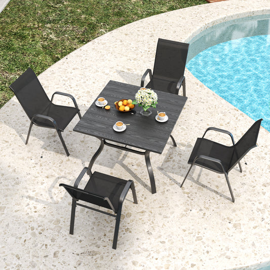 5-Piece Outdoor Patio Dining Set, Vintage Wood Grain Table with Umbrella Hole + 4 Ergonomic Stacking Chairs 350LB Capacity, Waterproof Textilene Fabric, for Garden Yard Balcony Patio Restaurant