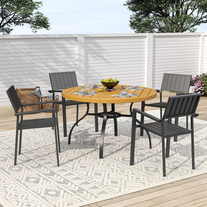5-Piece Outdoor Patio Dining Set , 47" Round Wood-Grain Slat Table w/ Umbrella Hole + 4 Stacking Metal Chairs (350 lbs Capacity) , Rustproof, Breathable Design, 30-Min Assembly, Patio, Garden, Balcony