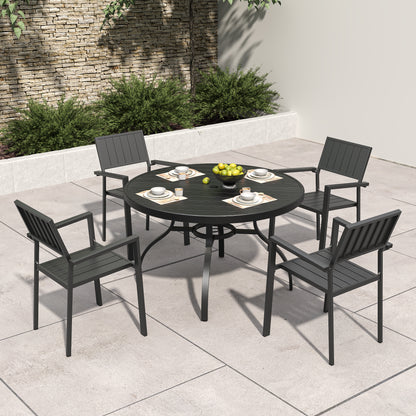 5-Piece Outdoor Patio Dining Set , 47" Round Wood-Grain Slat Table w/ Umbrella Hole + 4 Stacking Metal Chairs (350 lbs Capacity) , Rustproof, Breathable Design, 30-Min Assembly, Patio, Garden, Balcony