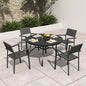 5-Piece Outdoor Patio Dining Set , 47" Round Wood-Grain Slat Table w/ Umbrella Hole + 4 Stacking Metal Chairs (350 lbs Capacity) , Rustproof, Breathable Design, 30-Min Assembly, Patio, Garden, Balcony