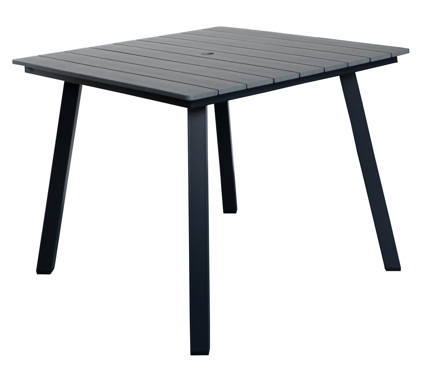 Square Patio Dining Table with Umbrella Hole, Heavy-Duty Iron Frame Wood-Plastic Composite Tabletop, All-Weather Outdoor Indoor Table for Garden, Balcony, Backyard