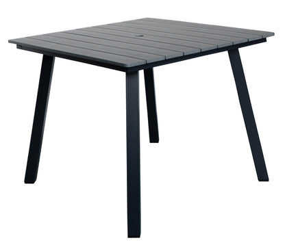 Square Patio Dining Table with Umbrella Hole, Heavy-Duty Iron Frame Wood-Plastic Composite Tabletop, All-Weather Outdoor Indoor Table for Garden, Balcony, Backyard
