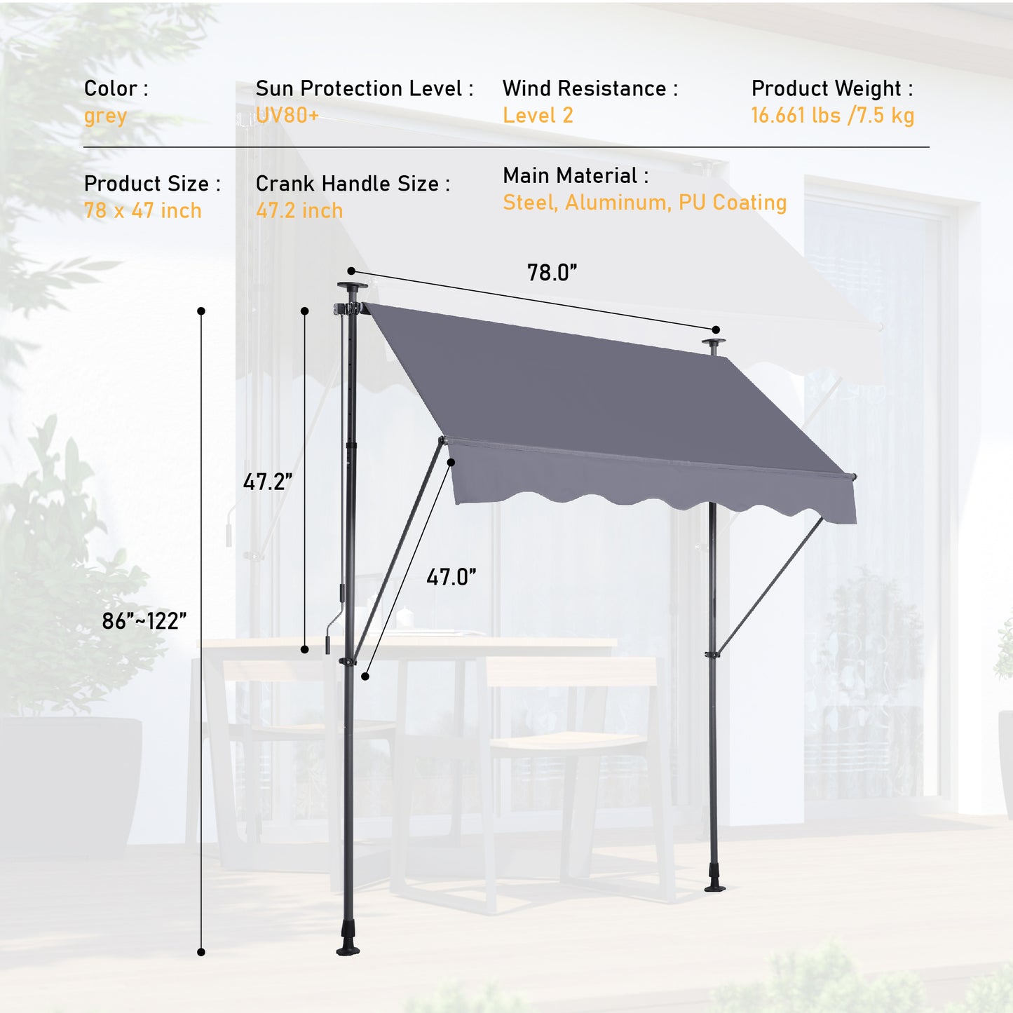 Weather-Ready Grey Retractable Awning - 78" Patio Shade