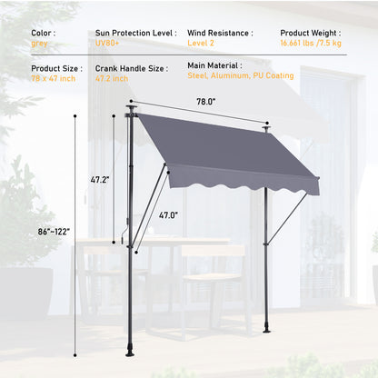 Weather-Ready Grey Retractable Awning - 78" Patio Shade