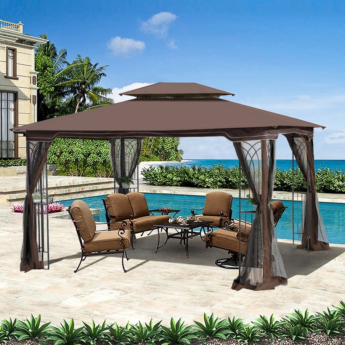 13x10 Brown Metal Patio Gazebo - Outdoor Shade Tent